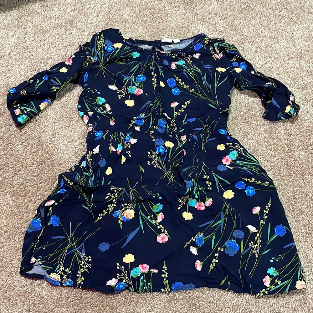 navy blue floral quarter sleeve dress